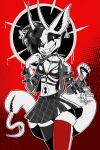 2026 antelope anthro belt black_bottomwear black_bra black_clothing black_legwear black_nose black_sclera black_skirt black_stockings black_underwear bottomwear bovid bra breasts caprine caprine_demon clothed clothed_anthro clothed_female clothing collar demon digital_drawing_(artwork) digital_media_(artwork) domestic_cat ear_piercing eyeliner fangs felid feline felis female female_anthro gatonejo grey_clothing grey_jacket grey_topwear hi_res holding_amulet horn hybrid jacket jewelry legwear makeup mammal medium_breasts navel_eye pendant piercing pleated_skirt red_background red_clothing red_legwear red_stockings red_theme sidecut simple_background skirt smile smiling_at_viewer solo spiked_collar spikes stockings straps straps_across_chest tail tail_mouth teeth tongue tongue_out topwear underwear unusual_anatomy unusual_tail