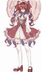  1girl absurdres alternate_costume arm_at_side bib_collar blue_fire blush bow bowtie breasts closed_mouth colored_inner_hair commentary cross-laced_clothes cross-laced_dress dress dress_bow elizabeth_rose_bloodflame english_commentary fire frilled_dress frills full_body hair_bow hand_up highres holding holding_umbrella hololive hololive_english keisea lolita_fashion long_hair long_sleeves medium_breasts multicolored_hair parasol red_bow red_bowtie red_eyes red_hair red_shoes ribbon-trimmed_thighhighs ribbon_trim shoes short_dress simple_background single_hair_intake solo standing striped_bow striped_bowtie striped_clothes thighhighs umbrella very_long_hair virtual_youtuber white_background white_bow white_thighhighs 