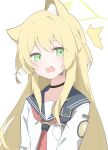  1girl ^^^ absurdres animal_ear_fluff animal_ears black_choker blonde_hair blue_archive blue_sailor_collar blush choker commentary eyes_visible_through_hair fox_ears fox_girl green_eyes halo highres kurumi_(blue_archive) long_hair long_sleeves looking_at_viewer neckerchief open_mouth red_neckerchief sailor_collar sailor_shirt school_uniform serafuku shirt sidelocks simple_background solo straight_hair surprised two_side_up upper_body very_long_hair white_background white_shirt yellow_halo yukou_sui 