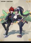  ^_^ arm_hug artist_logo black_hair black_shirt black_streaks blush bomber_jacket character_name closed_eyes drawstring fingerless_gloves flying_sweatdrops gloves grey_jacket heart hetero high_ponytail highres hood hoodie jacket jacket_over_hoodie logo long_hair magadori_kyoshika multicolored_hair open_mouth ponytail red_hair scabbard self-upload sheath shirt shoes shorts sneakers soshu_(soshuscribbles) streaked_hair sumino_takumi sword t-shirt the_hundred_line_-last_defense_academy- thighhighs very_long_hair weapon white_hoodie 