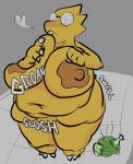 alphys anthro belly big_belly big_breasts blush breasts buckteeth claws deep_navel double_chin expansion eyewear female flask flustered glasses huge_breasts lizard navel nude obese obese_anthro obese_female overweight overweight_anthro overweight_female reptile scalie solo standing surprised teeth thick_thighs undertale undertale_(series) vyralewd wide_eyed yellow_body