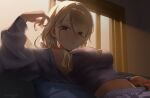 1girl backlighting black_eyes black_sweater_vest blonde_hair breasts brown_hair cardigan cardigan_partially_removed crop_top earrings eyelashes gradient_hair hand_in_own_hair highres hoop_earrings idolmaster idolmaster_shiny_colors indoors inumantle izumi_mei jewelry large_breasts light_particles long_hair looking_at_viewer midriff multicolored_hair navel pants reclining ribbed_sweater solo sweater sweater_vest twilight upper_body wavy_hair white_pants 