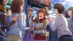  2boys 6+girls :d ahoge bag brother_and_sister brown_hair brown_jacket card_commentary closed_eyes commentary_request day drill_hair game_asset hair_ornament happy_tears holding holding_bag hood hood_down hoodie idolmaster idolmaster_million_live! idolmaster_million_live!_theater_days jacket long_sleeves looking_at_another multiple_boys multiple_girls official_art open_mouth outdoors red_hoodie short_hair siblings side_drill smile standing star_(symbol) star_hair_ornament tears third-party_source train_station yokoyama_kei yokoyama_nao 