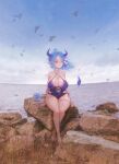  1girl absurdres animal_ears blue_eyes blue_hair blue_one-piece_swimsuit blue_sky breasts cleavage closed_mouth cow_ears cow_girl cow_horns cow_tail halterneck highres horns indie_virtual_youtuber large_breasts long_hair looking_at_viewer miilkywayz one-piece_swimsuit one_eye_closed ponytail rock sky smile solo swimsuit tail taku_artworks virtual_youtuber water 