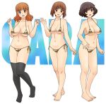  3girls akiyama_yukari bikini black_thighhighs blush breasts brown_eyes brown_hair cleavage collarbone commentary_request girls_und_panzer gold_bikini large_breasts long_hair looking_at_viewer micro_bikini multiple_girls navel nishizumi_miho open_mouth orange_hair short_hair side-tie_bikini_bottom simple_background smile swimsuit takebe_saori thighhighs uona_telepin 
