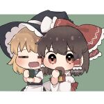  2girls apron ascot back_bow black_hat black_skirt black_vest blonde_hair blush bow brown_eyes brown_hair chibi chibi_only closed_eyes commentary_request cup detached_sleeves eating food frilled_bow frilled_hair_tubes frills hair_bow hair_tubes hakurei_reimu hat hat_bow highres holding holding_cup kirisame_marisa long_hair multi-source_commentary multiple_girls open_mouth red_bow red_skirt senbei skirt skirt_set steam touhou twitter_username uzuki_(amayadori) vest waist_apron white_apron white_bow witch_hat yellow_ascot yunomi 