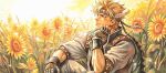  1boy battle_tendency blonde_hair blue_eyes blue_jacket blue_pants caesar_anthonio_zeppeli closed_mouth collared_jacket commentary_request facial_mark fake_head_wings fingerless_gloves flower gloves hand_on_own_face headband highres jacket jojo_no_kimyou_na_bouken male_focus open_clothes open_jacket outdoors pants plant popped_collar short_sideburns sideburns sitting smile solo springbloomed26 sunflower tree yellow_flower 