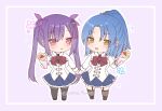  2girls assault_lily benini black_boots black_shoes black_thighhighs blue_hair blue_skirt blush boots border bow bowtie breasts brown_pantyhose chibi chibi_only crepe eye_contact flower_symbol food garter_straps hair_between_eyes hair_ornament hair_ribbon hand_up herensuge_girls_academy_school_uniform high_ponytail highres holding holding_crepe holding_food holding_hands inset_border jacket long_hair looking_at_another looking_to_the_side makino_mitake matsumura_fuuka medium_breasts medium_hair miniskirt multiple_girls pantyhose parted_bangs parted_lips pink_eyes pleated_skirt ponytail purple_background purple_hair purple_ribbon red_bow red_bowtie ribbon school_uniform shoes simple_background skirt smile standing sweatdrop tassel tassel_hair_ornament thighhighs thighhighs_over_pantyhose twintails twitter_username very_long_hair white_border white_jacket yellow_eyes 