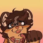 1:1 2026 4_fingers :3 animated anthro big_ears biped black_claws black_eyewear black_glasses blep brown_body brown_ears brown_eyebrows brown_eyes brown_fingers brown_fur cheek_tuft claws collar collar_only digital_drawing_(artwork) digital_media_(artwork) eyebrows eyewear facial_tuft fangs fingers fur glasses grabbing grabbing_viewer gradient_background hair handpaw head_tuft inner_ear_fluff long_hair looking_at_viewer loop low_framerate male mammal messy_hair multicolored_body multicolored_fur neck_tuft northern_olingo nude olingo orange_background pawpads paws pink_nose pink_pawpads pla_(alottaplaplapla) portrait procyonid red_collar seamless_loop simple_background snout solo standing stup1dfuckk teeth tongue tongue_out tuft wearing_glasses white_inner_ear_fluff white_sclera