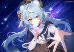  absurdres animal_ears beret blue_cloak blue_hair blue_ribbon brown_skirt cloak commentary_request hair_ornament hairpin hat headband highres jewelry light_smile long_hair long_sleeves meridian_project musical_note musical_note_hair_ornament musical_staff neck_ring raccoon raccoon_ears raccoon_girl raccoon_tail reaching reaching_towards_viewer rei_(meridian_project) ribbon shirt skirt sky smile star_(sky) star_(symbol) star_symbol_background starry_sky suoya8824 tail virtual_youtuber white_shirt yellow_eyes 