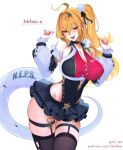  1girl ahoge arichuu_u artist_name bare_shoulders black_leotard black_skirt blonde_hair blush breasts brown_thighhighs bursting_breasts button_gap cissia_(zenless_zone_zero) cleavage covered_navel detached_sleeves earrings fangs hair_between_eyes hair_intakes hair_ornament highleg highleg_leotard highres jewelry large_breasts leotard long_hair looking_at_viewer metal_wrist_cuffs microskirt multicolored_leotard one_side_up open_mouth orange_eyes pink_nails pom_pom_(clothes) pom_pom_hair_ornament red_leotard sheriff_badge shock_collar simple_background skindentation skirt snake snake_earrings snake_girl snake_tail solo tail thigh_strap thighhighs two-tone_leotard white_background white_snake zenless_zone_zero 