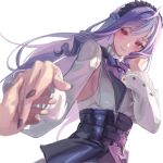  1girl 1other black_nails blush bow bowtie breasts closed_mouth commentary drill_hair drill_sidelocks hand_in_own_hair hand_up highres holding_hands long_hair long_sleeves looking_at_viewer medium_breasts mole mole_under_eye nail_polish pointy_ears pov pov_hands purple_bow purple_bowtie purple_hair qdx4p red_eyes sideboob sidelocks simple_background solo_focus upper_body vivian_banshee white_background zenless_zone_zero 