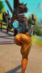  1girl artist_name ass bodysuit bomber_jacket brown_gloves brown_hair chronal_accelerator_(overwatch) cropped_jacket fortnite gloves highres jacket leather leather_jacket orange_bodysuit oroborus overwatch pants short_hair spiked_hair tight_clothes tight_pants tracer_(overwatch) v 