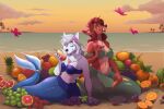2026 accessory ambient_arthropod ambient_butterfly ambient_insect anpaytoo anthro aquatic banana bare_shoulders beach bikini bikini_top blue_bikini_top blue_body blue_scales breasts brown_body brown_fur brown_hair canid canine canis cleavage clothed clothed_female clothing cloud deer duo eating eating_fruit elke_(artist) eyes_closed female flower flower_in_hair food fruit fur grape grapefruit green_bikini_top green_body green_eyes green_scales hair hair_accessory hi_res holding_food holding_fruit holding_object jewelry mammal melon merfolk mermaid_tail midriff navel necklace orange_(fruit) outside pear pineapple plant scales sea sitting sky split_form strapless_bikini strapless_clothing strapless_swimwear swimwear two-piece_swimsuit water watermelon white_body white_fur white_hair wolf yellow_sky