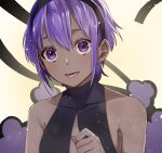  1girl :d black_hairband chun_xia collarbone commentary_request dark_skin fate/prototype fate/prototype:_fragments_of_blue_and_silver fate_(series) hair_between_eyes hairband hassan_of_serenity_(fate) highres light_blush looking_at_viewer open_mouth purple_eyes purple_hair short_hair smile solo upper_body 