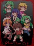  1boy 5girls baseball_bat beret black_hairband black_skirt blonde_hair blood blood_on_clothes blood_on_face blood_on_weapon blue_eyes blue_hair blue_pants blush_stickers boots bow bowtie brown_boots brown_hair chibi chibi_only dress eetere721 furude_rika green_dress green_eyes green_shorts gun hair_ribbon hairband hat highres higurashi_no_naku_koro_ni holding holding_baseball_bat holding_gun holding_stun_gun holding_weapon houjou_satoko long_hair looking_at_viewer maebara_keiichi multiple_girls nata_(tool) orange_hair pants pink_shirt ponytail purple_bow purple_bowtie red_shoes red_vest ribbed_sweater ribbon ryuuguu_rena shirt shoes short_hair short_sleeves shorts siblings sisters skirt sleeveless sleeveless_dress sleeveless_sweater sonozaki_mion sonozaki_shion stun_gun sweater turtleneck turtleneck_sweater twins vest weapon white_dress white_hat white_sweater yellow_ribbon yellow_shirt 