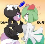 absurd_res angry big_breasts big_butt black_body black_hair blue_eyes blush blush_lines breast_squish breasts butt duo eyelashes female generation_3_pokemon generation_5_pokemon gothorita green_body green_hair hair hi_res humanoid kirlia lips nintendo open_mouth orange_background pokemon pokemon_(species) purple_body red_eyes short_hair side_view simple_background squish thick_lips thick_thighs toughtips white_body wide_hips
