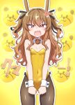  1girl anger_vein angry animal_ears bare_shoulders bear_brooch bear_print_background black_pantyhose black_ribbon blush breasts brown_hair clenched_hands commentary_request covered_navel cowboy_shot denmaru._(dedendenmaru) detached_collar fang hair_between_eyes hair_ribbon highres leotard long_hair looking_at_viewer open_mouth original outline pantyhose playboy_bunny rabbit_ears red_eyes ribbon small_breasts solo strapless strapless_leotard teeth translation_request two_side_up upper_teeth_only v-shaped_eyebrows white_outline wrist_cuffs yellow_background yellow_leotard 