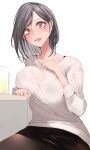  1girl akiyama_cz4a black_bra black_skirt blush bra bra_peek breasts commentary_request drunk grey_hair hand_on_own_chest highres large_breasts long_hair miniskirt open_mouth orange_eyes pantyhose ribbed_sweater skirt solo sweater tongue underwear white_sweater wide-eyed 