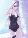  1girl adjusting_hair ak-alfa_(girls'_frontline) bare_shoulders black_one-piece_swimsuit blurry blurry_background breasts brown_eyes closed_mouth collarbone commentary_request feet_out_of_frame girls'_frontline girls'_frontline_2:_exilium grey_hair highres light_blush long_hair looking_at_viewer medium_breasts official_alternate_costume one-piece_swimsuit simple_background solo standing swimsuit thigh_strap tololo_(celestial_river_at_dusk)_(girls'_frontline_2) tololo_(girls'_frontline_2) umano_sora 