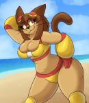absurd_res anthro beach bikini clothing cloud domestic_cat eyewear eyewear_on_head felid feline felis female gameoverse glitch_productions goggles goggles_on_head hi_res kit_(gameoverse) limunada mammal sea smile solo swimwear two-piece_swimsuit water