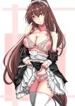  1girl absurdres alternate_costume beige_bra beige_panties black_dress bra breasts brown_eyes brown_hair cherry_blossoms cleavage clothes_lift commentary_request dress dress_lift enmaided frilled_bra frills highres jewelry kantai_collection ken_(shutenndouji1) large_breasts lifted_by_self long_hair maid maid_headdress parted_lips ponytail ring solo thighhighs underwear wedding_band white_legwear yamato_(kancolle) 