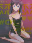  1girl 2021 bare_shoulders barefoot bed_sheet black_dress black_hair blue_eyes blue_nails bound chromatic_aberration closed_mouth diffraction_spikes dress eyelashes fingernails glint gradient heart highres long_hair mysoda original restrained sitting smile solo tied_up twintails wariza 