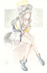  1girl animal_ears black_dress black_hair blue_archive blue_boots blush boots breasts cleavage coat collar commentary_request dog_ears dog_girl dog_tags dog_tail dress ears_down fishnet_pantyhose fishnets goggles goggles_on_head hair_bobbles hair_ornament halo hariyaa hibiki_(blue_archive) highres long_hair looking_at_viewer low_twintails notice_lines off_shoulder painting_(medium) pantyhose parted_lips short_dress signature sitting small_breasts solo tail traditional_media twintails watercolor_(medium) white_coat 