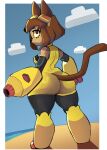 absurd_res anthro armor astralc0de beach big_butt breasts brown_body brown_fur brown_hair butt clothed clothing cloud digital_media_(artwork) domestic_cat eyewear eyewear_on_head felid feline felis female fur gameoverse glitch_productions goggles goggles_on_head hair hi_res huge_butt kit_(gameoverse) looking_at_viewer looking_back mammal simple_background solo standing tail thick_thighs weapon
