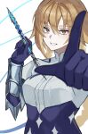  1girl armor arrow_(projectile) blonde_hair braid breasts brown_eyes commentary_request eyelashes fate/grand_order fate_(series) gauntlets gloves grey_armor hair_between_eyes half-closed_eyes hands_up high-waist_skirt highres holding holding_arrow index_finger_raised jeanne_d'arc_(fate) jeanne_d'arc_(ruler)_(fate) juliet_sleeves large_breasts long_hair long_sleeves looking_at_viewer low-braided_long_hair low-tied_long_hair mandarin_collar me_me_korin pointing pointing_at_viewer puffy_sleeves purple_gloves purple_skirt shirt simple_background skirt smile solo star_(symbol) star_print teeth twin_braids upper_body white_background white_shirt 