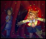  2girls abs animal_ears blue_eyes bright_pupils clapping closed_eyes confetti curtain_grab curtains fuji_kiseki_(shooting_star_revue)_(umamusume) fuji_kiseki_(umamusume) hibglamour highres horse_ears horse_girl horse_tail jungle_pocket_(champion's_battle_cry)_(umamusume) jungle_pocket_(umamusume) multiple_girls open_mouth outstretched_arms school_uniform smile spread_arms stage stage_lights tail tracen_school_uniform umamusume 