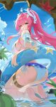  1girl absurdres aemeath_(wuthering_waves) ahoge alternate_costume ass barefoot bikini blue_sky breasts chinese_commentary commentary_request day feet grin hair_ornament highres innertube jewelry large_breasts long_hair looking_at_viewer looking_to_the_side median_furrow npp_(artist) orange_eyes outdoors pink_hair ponytail side-tie_bikini_bottom sky smile soles solo star-shaped_pupils star_(symbol) swim_ring swimsuit symbol-shaped_pupils thighlet toes turning_head wet white_bikini wuthering_waves 