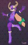  absurdres black_sleeves blonde_hair bodysuit boots creative_signature dark_persona evil_smile gloves green_eyes green_ribbon hands_up heart helmet highres leotard long_hair netnavi purple_boots purple_gloves purple_helmet purple_leotard ribbon roll.exe_(mega_man) smile spot_color thighhighs turtleneck very_long_hair 