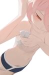  1girl blue_one-piece_swimsuit bra clothes_pull commentary highres hiroki_(yyqw7151) one-piece_swimsuit one-piece_swimsuit_pull orange_eyes original pink_hair simple_background solo swimsuit underwear white_background white_bra 