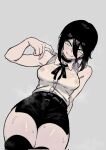  1girl amaya_5321 bare_shoulders black_choker black_hair black_ribbon black_shorts black_thighhighs blush breasts chainsaw_man choker collared_shirt covered_nipples green_eyes hair_between_eyes highres inverted_nipples looking_at_viewer medium_breasts neck_ribbon reze_(chainsaw_man) ribbon see-through_clothes shirt shirt_tucked_in short_shorts shorts side_slit side_slit_shorts simple_background sleeveless sleeveless_shirt smile solo sweat thighhighs thighs variant_set wet white_background white_shirt 