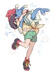  >_< 1girl affectionate beanie black_shoes brionne brown_hair closed_eyes commentary floral_print flower_symbol green_shorts hat highres holding holding_pokemon pokemon pokemon_(creature) pokemon_sun_and_moon selene_(pokemon) shirt shoes short_sleeves shorts sparkle tan_carbonnn tied_shirt undershirt untranslatable_commentary white_background yellow_shirt 