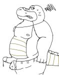 2026 alligator alligatorid anthro avafterwhatever balls bodily_fluids bottomwear brok_(brok_the_investigator) brok_the_investigator clothing cowcat_games crocodilian erection genital_fluids genitals male moobs nipples pants penis precum reptile scalie slightly_chubby small_penis solo
