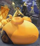 anthro belly belly_inflation big_belly blue_hair body_inflation bottom_heavy breasts building butt butt_expansion canid canine carmelita_fox expansion female fox hair huge_thighs hyper hyper_pear hyper_thighs inflated_breasts inflation mammal morbidly_obese obese obese_anthro obese_female outside overweight overweight_anthro overweight_female paris sly_cooper_(series) solo sony_corporation sony_interactive_entertainment sucker_punch_productions thick_thighs velvetbambi