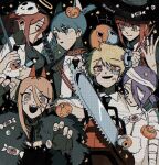 3boys 3girls angel_devil_(chainsaw_man) animal_ears blue_eyes blue_hair chainsaw chainsaw_man commentary_request denji_(chainsaw_man) dog fake_animal_ears frankenstein's_monster_costume group_picture halloween halloween_costume hayakawa_aki highres horns makima_(chainsaw_man) mask multiple_boys multiple_girls mummy_costume pink_hair pochita_(chainsaw_man) power_(chainsaw_man) pumpkin purple_hair red_eyes red_hair reze_(chainsaw_man) skull_mask witch wolf_boy yellow_eyes zelzmd 