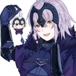  1girl ahoge armor black_armor blue_dress blue_gloves breasts cape chain character_charm charm_(object) dress fang fate/grand_order fate_(series) fur-trimmed_cape fur_trim gauntlets gloves grey_hair hair_between_eyes hands_up headpiece highres holding jeanne_d'arc_alter_(avenger)_(fate) jeanne_d'arc_alter_(avenger)_(first_ascension)_(fate) jeanne_d'arc_alter_(fate) large_breasts looking_at_object me_me_korin open_mouth purple_cape simple_background skin_fang smile solo tongue upper_body white_background yellow_eyes 
