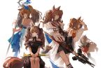 5girls :o absurdres ambience_synesthesia angelina_(ambience_synesthesia_2021)_(arknights) angelina_(ambience_synesthesia_2025)_(arknights) angelina_(arknights) angelina_(distinguished_visitor)_(arknights) angelina_(summer_flower)_(arknights) animal_ear_fluff animal_ears arknights arm_strap back bag bare_shoulders black_bag black_collar black_dress black_gloves black_ribbon blue_dress blue_flower bow bowtie bracelet brown_hair buttons coat collar collarbone commentary_request dress duffel_bag earpiece floating_hair flower fox_ears fox_girl gloves hair_between_eyes hair_flower hair_ornament hair_ribbon hairband highres holding holding_instrument holding_paper holding_staff holding_trumpet infection_monitor_(arknights) instrument jacket jewelry kneehighs long_hair long_sleeves looking_at_viewer multicolored_hairband multiple_girls multiple_persona off-shoulder_dress off_shoulder official_alternate_costume one-piece_swimsuit open_clothes open_coat paper pink_nails red_coat red_eyes red_hairband red_jacket red_one-piece_swimsuit ribbon shading_eyes simple_background sitting smile socks spaghetti_strap staff strapless strapless_dress striped_clothes striped_hairband swimsuit swimsuit_cover-up trumpet twintails two-tone_hairband white_background white_coat zxjv 