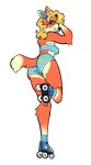 2023 animal_crossing anthro athletic_wear audie_(animal_crossing) blonde_hair blue_bottomwear blue_clothing blue_shorts blue_topwear blue_tube_top blush bodily_fluids bottomwear butt canid canine canis cheek_tuft clothing crop_top eyeshadow facial_tuft female fluffy food_print footwear fruit_print fur genital_fluids genitals glistening glistening_genitalia glistening_vulva gym_bottomwear gym_shorts hair hand_in_hair hi_res hotpants looking_back makeup mammal nintendo peachy_bat pineapple_print plant_print presenting presenting_hindquarters raised_hand raised_leg red_wolf roller_skates shirt shorts simple_background solo suggestive topwear touching_hair tube_top tuft vaginal_fluids vulva wet wet_clothing white_background white_trim wolf