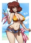  1girl :d artist_logo beach belt bikini bikini_bottom_under_shorts bikini_under_clothes blush breasts brown_eyes brown_hair contrapposto cowboy_shot cutoffs denim denim_shorts fingernails food freya_(langrisser) highres holding holding_food langrisser large_breasts logo looking_at_viewer medium_hair micro_shorts navel open_belt orange_bikini pink_ribbon print_bikini ribbon rotomdocs shaved_ice shorts smile solo star_(symbol) star_print star_print_bikini strap_gap swimsuit wrist_ribbon 