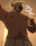  2022 2_horns anthro armpit_hair bodily_fluids body_hair bovid bovine brown_body brown_fur brown_nipples cattle clothing coffee_mug english_text fur fur_markings hair hi_res horn looking_at_viewer male mammal markings minedoo minedoo_(character) nipples open_mouth solo sweat tan_hair text underwear 