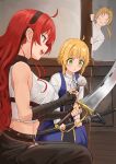  2girls ahoge bare_shoulders black_hair black_headband black_pants blonde_hair blue_dress blunt_bangs blush_stickers breasts brother_and_sister brown_hair cleaning cleaning_weapon commentary_request dress elbow_gloves eris_greyrat fingerless_gloves from_side gloves green_eyes headband highres holding holding_sword holding_weapon indoors large_breasts long_hair multiple_girls mushoku_tensei navel norn_greyrat open_mouth pants ponytail red_eyes red_hair rudeus_greyrat sheath sheathed siblings sitting sleeveless sleeveless_dress sword syagare tank_top thighhighs unsheathed very_long_hair weapon white_tank_top 