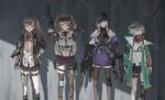  404_(girls'_frontline) 4girls absurdres akachi alternate_hair_color aqua_hair assault_rifle asymmetrical_legwear bare_shoulders baseball_cap black_bodysuit black_gloves black_jacket black_shorts black_skirt black_thighhighs bodysuit bow breasts brown_eyes brown_hair chest_harness closed_mouth clothes_pull commentary_request facial_mark facial_tattoo feet_out_of_frame g11_(girls'_frontline) girls'_frontline girls'_frontline_2:_exilium gloves goggles goggles_on_head green_eyes green_jacket grey_hair grey_shirt gun h&amp;k_g11 h&amp;k_hk416 h&amp;k_ump hair_bow hair_ornament hair_ribbon hairband hairclip hand_on_own_hip hand_up harness hat highres hk416_(girls'_frontline) holding holding_gun holding_weapon jacket jacket_pull klukai_(girls'_frontline_2) knee_pads lenna_(girls'_frontline_2) leva_(girls'_frontline_2) long_hair long_sleeves looking_at_viewer mechanical_arms mechty_(girls'_frontline_2) medium_breasts miniskirt multicolored_jacket multiple_girls navel necktie open_clothes open_jacket orange_necktie purple_jacket red_gloves red_hairband red_scarf ribbon rifle scar scar_across_eye scar_on_face scarf shirt short_hair shorts side_ponytail sidelocks simple_background single_knee_pad single_mechanical_arm skirt sleeves_rolled_up small_breasts smile standing submachine_gun tattoo teardrop_facial_mark teardrop_tattoo thigh_harness thighhighs torn_clothes torn_thighhighs twintails two-tone_jacket ump45_(girls'_frontline) ump9_(girls'_frontline) v weapon white_shirt 