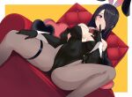  1girl animal_ears bare_shoulders black_coat black_gloves black_hair bow bowtie breasts cameltoe coat covered_navel detached_collar dutch_angle fake_animal_ears finger_to_mouth gloves grey_legwear hair_over_one_eye hand_up highleg highleg_leotard highres leotard long_hair long_sleeves looking_at_viewer medium_breasts off_shoulder open_clothes open_coat original pantyhose playboy_bunny purple_eyes rabbit_ears sitting solo spread_legs strapless strapless_leotard sukebewe thigh_strap 