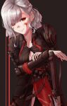  1girl ammunition arm_support black_background black_gauntlets black_ribbon black_shirt blood blood_on_face braid breasts cleavage closed_mouth commentary_request elbow_pads feet_out_of_frame girls'_frontline grey_hair gun hair_between_eyes hair_ribbon highres holding holding_gun holding_weapon large_breasts lips long_hair long_sleeves looking_at_viewer medium_hair neck_ribbon official_alternate_costume pump_action red_eyes red_ribbon ribbon shirt shotgun side_braid simple_background smile solo spas-12 spas-12_(girls'_frontline) spas-12_(goblin_huntress)_(girls'_frontline) standing umano_sora weapon 