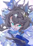  1girl ahoge animal_ears black_gloves blue_eyes blue_necktie breasts brown_hair collared_shirt commentary_request daring_tact_(racing)_(umamusume) daring_tact_(umamusume) gloves glowing glowing_eyes hair_between_eyes hair_ornament highres horse_ears horse_girl jacket long_hair looking_at_viewer necktie open_clothes open_jacket open_mouth running shirt skirt solo star_(symbol) star_hair_ornament sweat umamusume white_jacket white_shirt zukki_(bijitaru) 