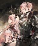  1boy 1girl arknights armor black_background black_coat breastplate brother_and_sister civilight_eterna coat commentary_request dress enmokuritsu-d from_side frown gauntlets halo highres horns long_hair looking_down looking_up material_growth oripathy_lesion_(arknights) painterly pink_hair pointy_ears red_eyes short_hair siblings theresa_(arknights) theresis_(arknights) upper_body white_dress 